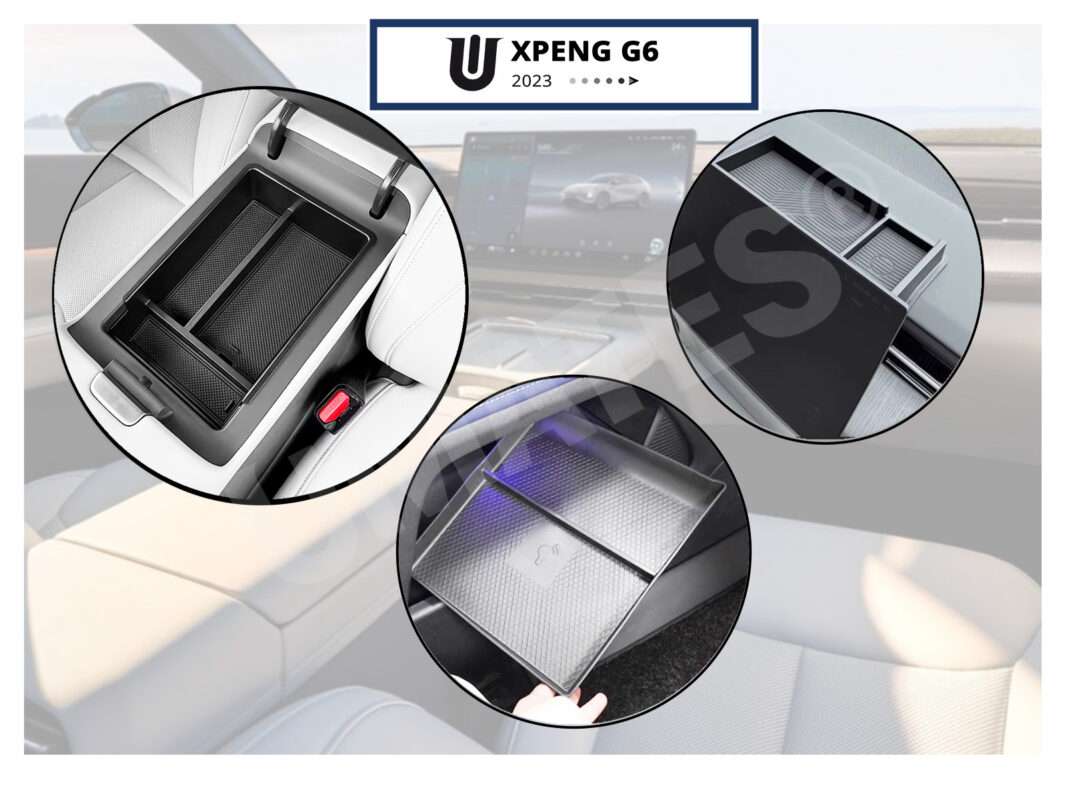 Modeltilpassede opbevaringsindsatser til Xpeng G6 2023 og nyere med aflægningsbakke til armlæn, central midterkonsol og bag hovedskærmen