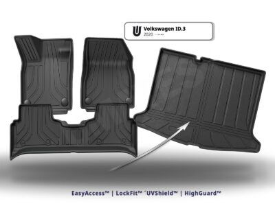 VW ID.3 alleårgange Bilmåtter til kabin og bagagerum pakketilbud original miljøvenlig og lugtfri TPE gummi – Lav pris eksklusiv produceret af Umates Danmark