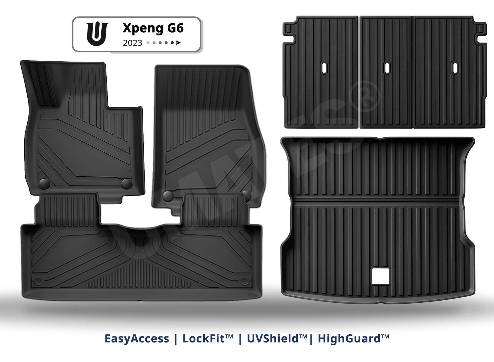 UMATES® Komplet sæt med bilmåtter i gummi til Xpeng G6 2023– | Måtter til Kabine, Bagagerum og Rygpaneler UMATES sæt af bilmåtter i gummi til Xpeng G6 2023– kabinemåtter – bagagerum – måttepaneler til ryg -skidt og snavs og nem rengøring – formstøbt til beskyttelse af G6