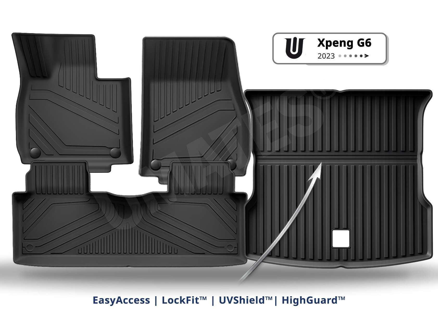 UMATES® Komplet sæt med bilmåtter i gummi til Xpeng G6 2023– | Måtter til Kabine og Bagagerum UMATES sæt af bilmåtter i gummi til Xpeng G6 2023– kabinemåtter – bagagerumsmåtter beskytter-mod-skidt og snavs og nem rengøring – formstøbt til beskyttelse af G6