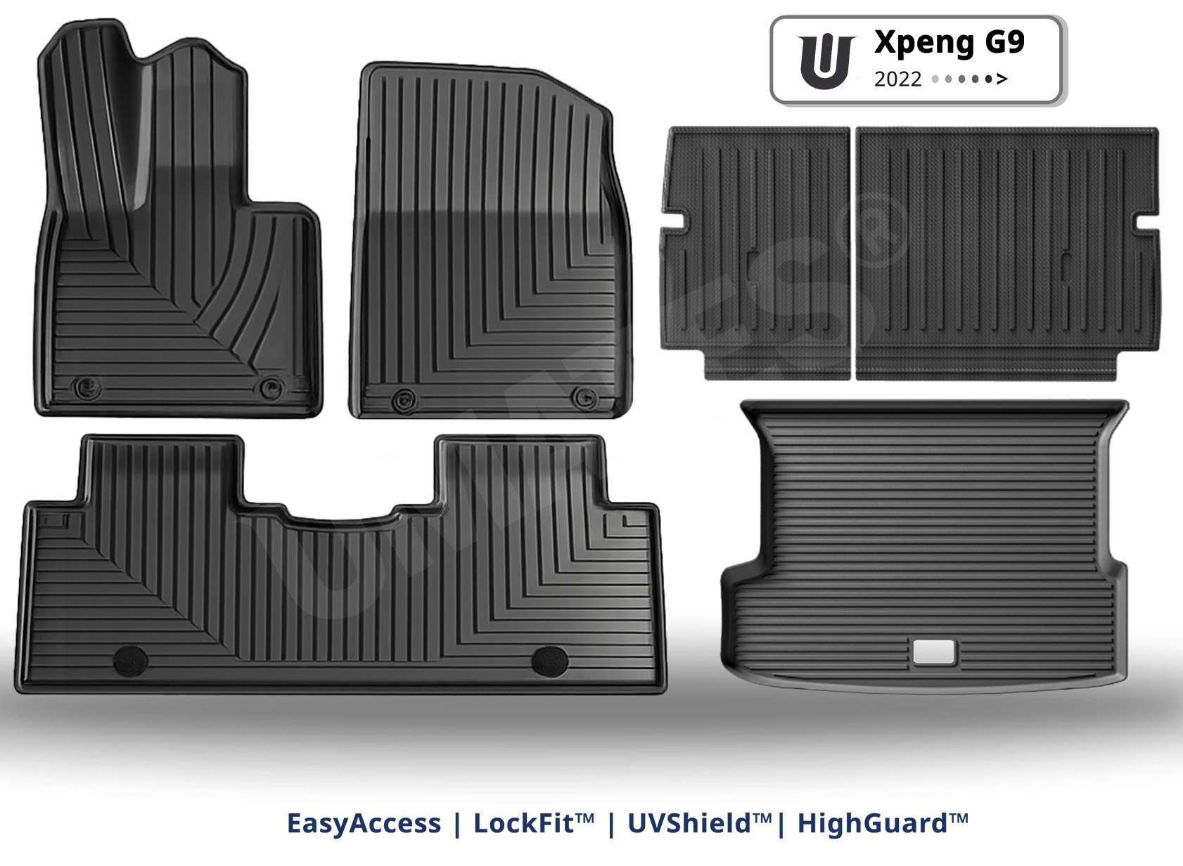 UMATES® Komplet sæt med Bil-måtter i gummi til Xpeng G9 2022– | Måtter til Kabine, Bagagerum og Rygpaneler UMATES sæt af bilmåtter i gummi til Xpeng G9 2022 og nyere – kabinemåtter – bagagerum – måttepaneler til ryg -skidt og snavs og nem rengøring – formstøbt til beskyttelse af G9