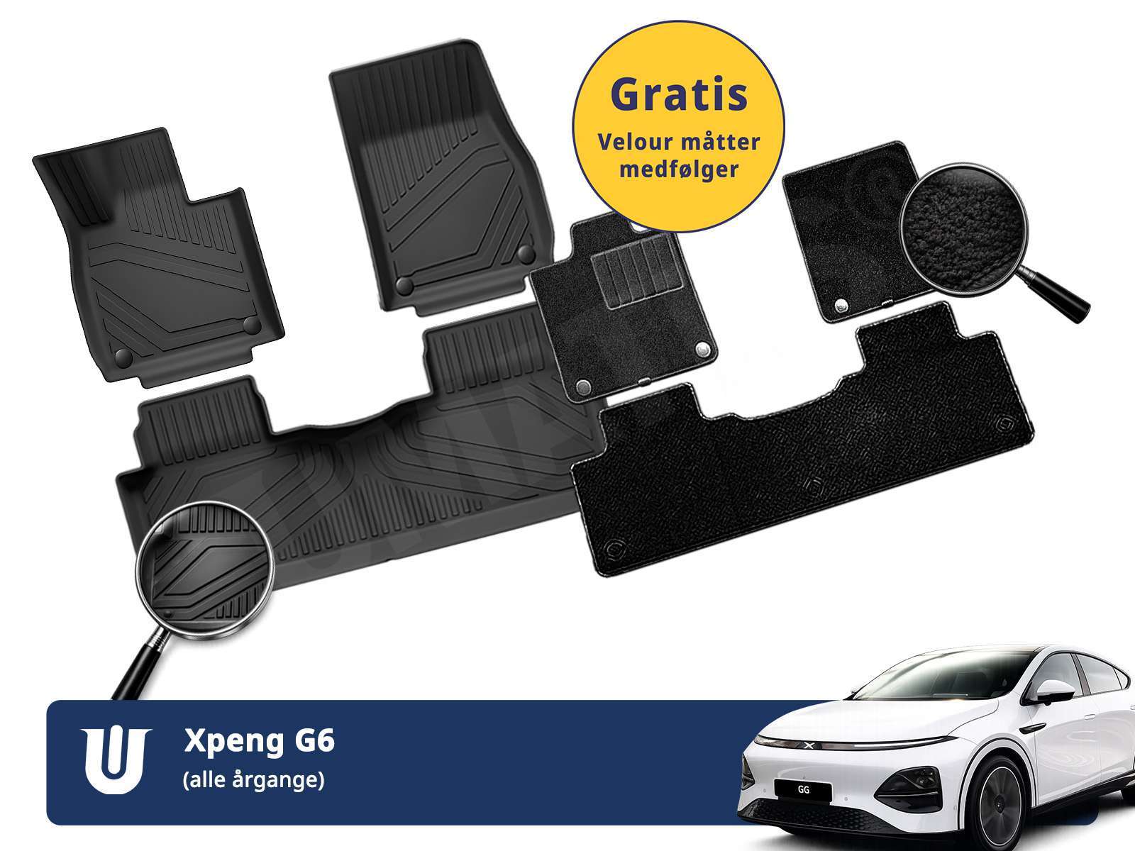 Xpeng G6 bilmåtter i velour og gummi i alt 6 dele til kabine tidsbegrænset tilbud Xpeng G6 måttesæt med både velour og gummimåtter til kabinen