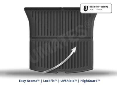 UMATES bagagerumsmåtte til Tesla model Y (Juniper) med EasyAccess fleksibel bukkekant, høj kant og UV-behandlet - formstøbt til Tesla model Y.