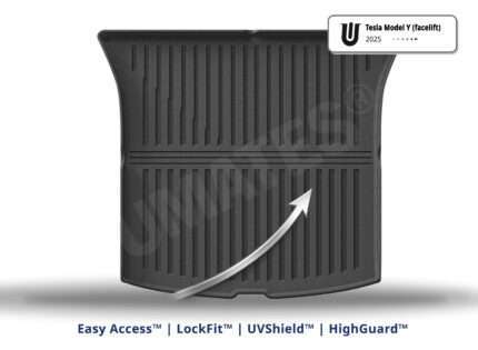 UMATES bagagerumsmåtte til Tesla model Y (Juniper) med EasyAccess fleksibel bukkekant, høj kant og UV-behandlet - formstøbt til Tesla model Y.