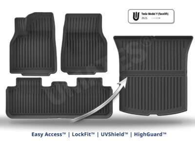 UMATES sæt af bilmåtter i gummi til Tesla model Y (Juniper)– kabinemåtter – bagagerumsmåtter beskytter-mod-skidt og snavs og nem rengøring – formstøbt til beskyttelse model Y