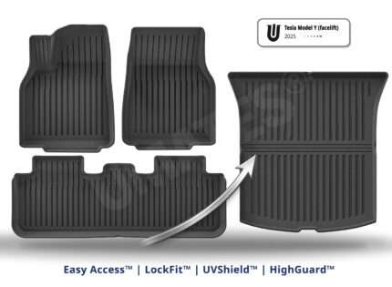 UMATES sæt af bilmåtter i gummi til Tesla model Y (Juniper)– kabinemåtter – bagagerumsmåtter beskytter-mod-skidt og snavs og nem rengøring – formstøbt til beskyttelse model Y