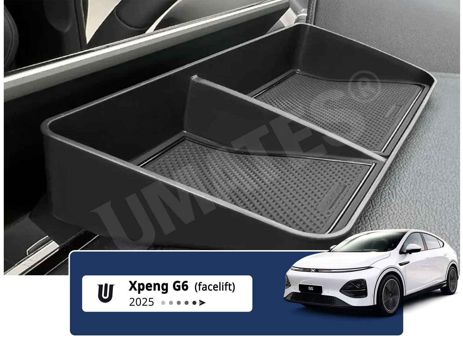 XPeng G6 facelift og nyere årgange – centerkonsol opbevaringsbakke Centerkonsol opbevaringsbakke til XPeng G6 facelift og nyere årgange med skridsikker bund