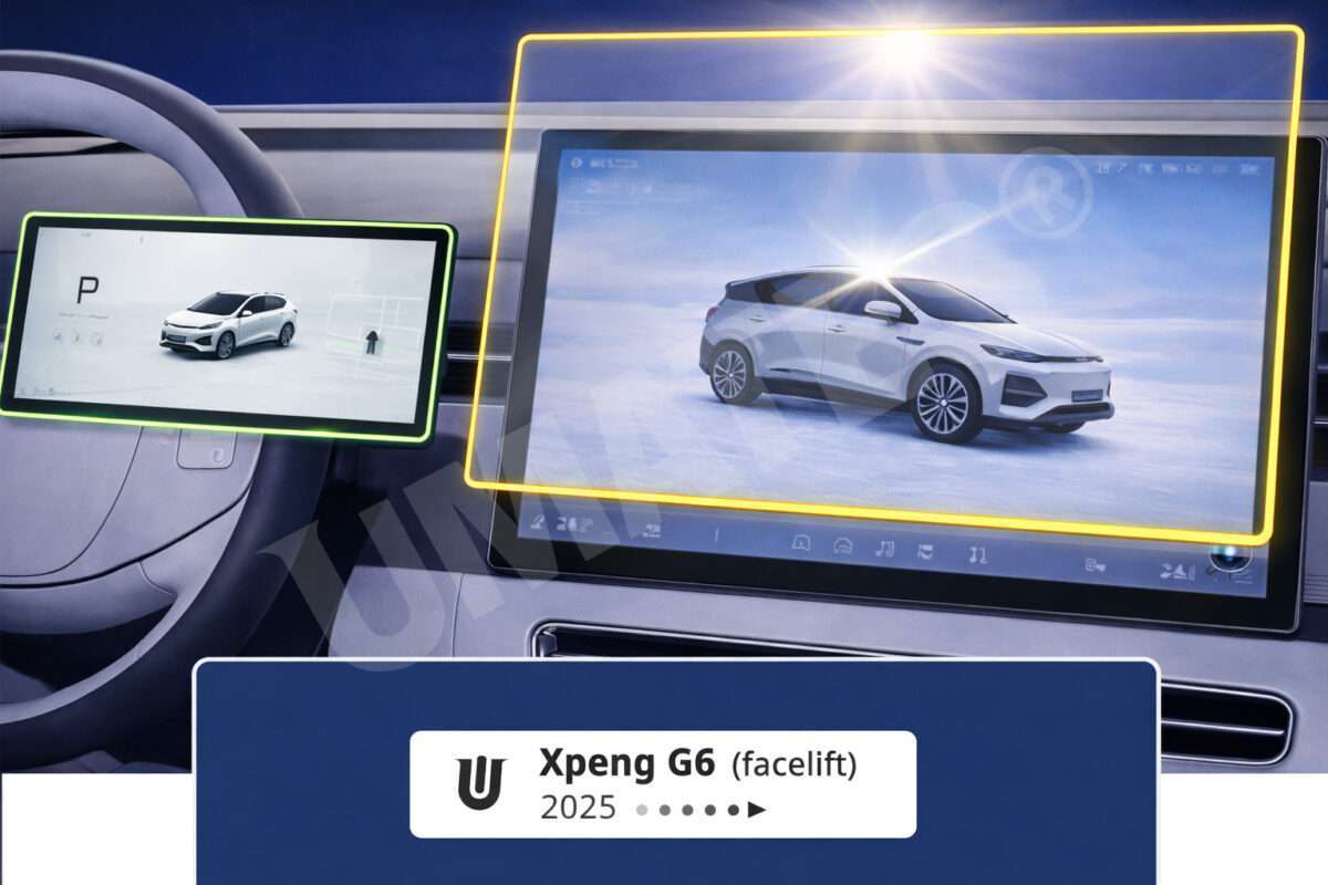 Skærmbeskyttelse i hærdet glas til Xpeng G6 facelift 2025 og nyere årg– gul kant markerer glasset over center- og førerskærm