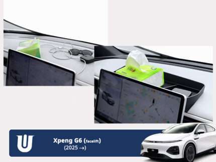 Før og efter opbevaring bag hovedskærm i Xpeng G6 2025 med og uden indsatsbakke