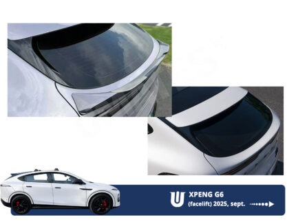 Ducktail spoiler til Xpeng G6 facelift 2025 set skråt bagfra — hækspoiler monteret på bagklappen