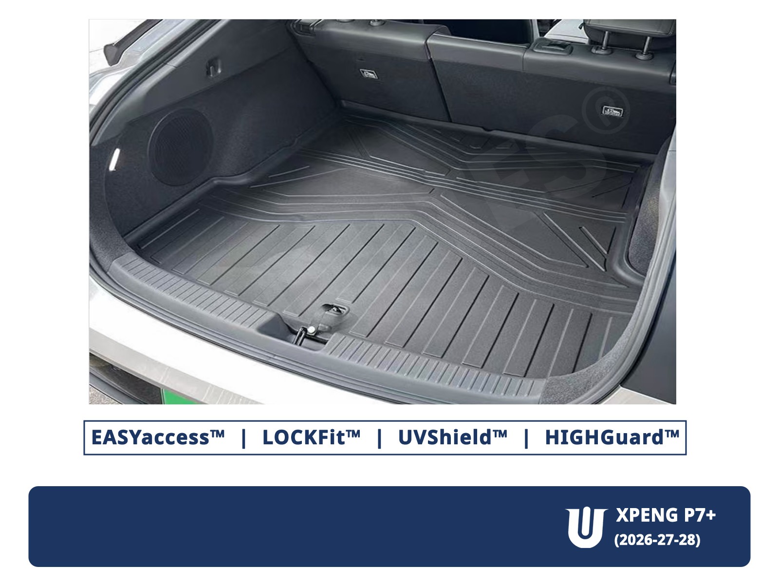 Dette viser en Xpeng Bagagerumsmåtte, installeret i bagagerum. Perfekt passform og mange detaljer, som kun markedsføres at Umates Gear