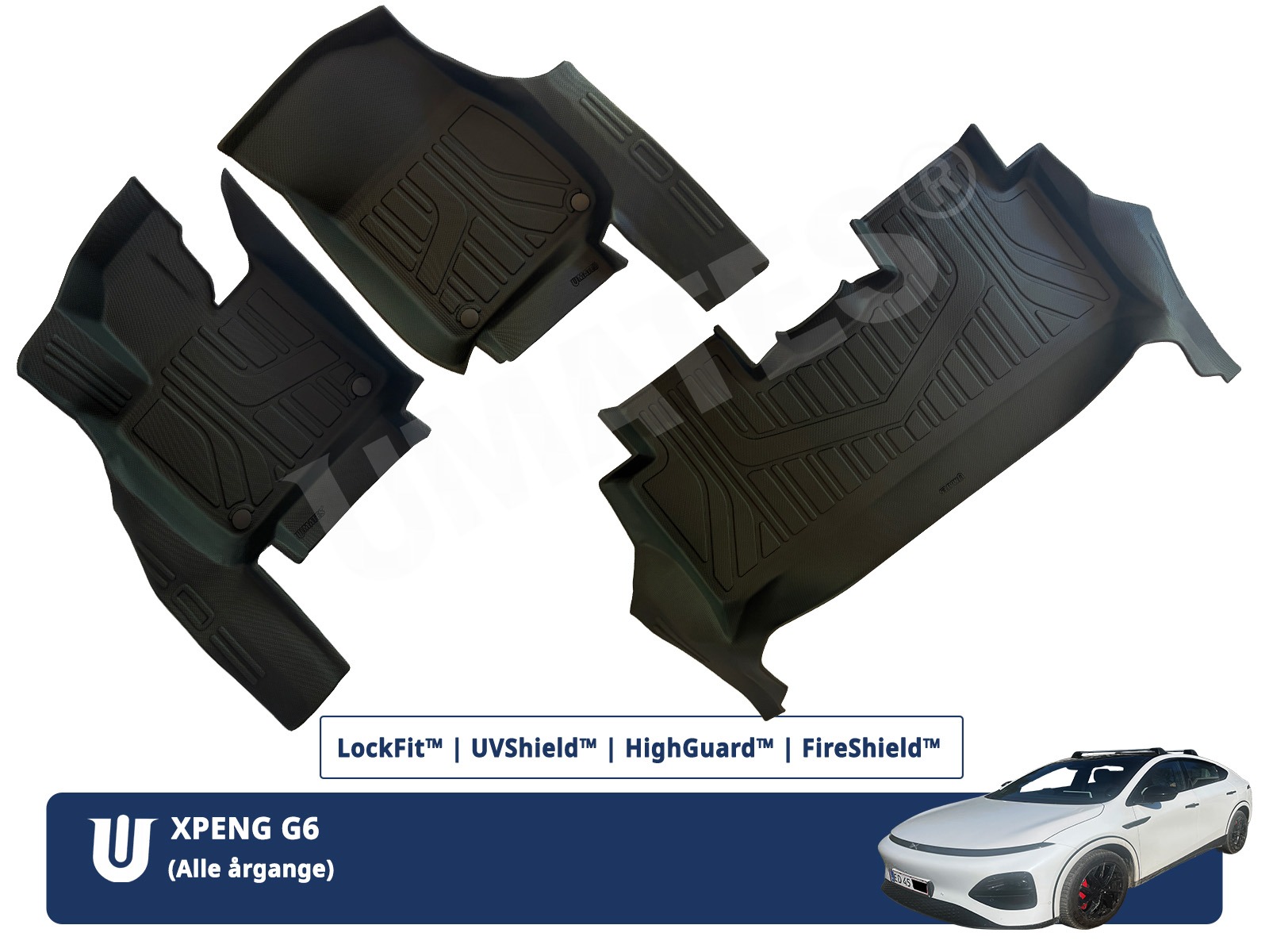 Xpeng G6 – 3 stk. modeltilpassede bilmåtter, der beskytter både gulv og dørtrin – Umates WingMats™
